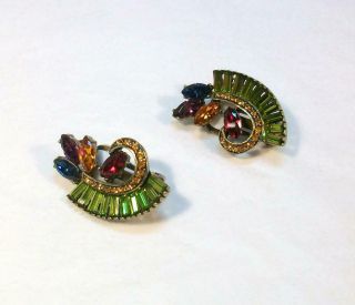 Signed Heidi Daus Vtg Art Deco Style Multi - Colored Rhinestone Fan Clip Earrings