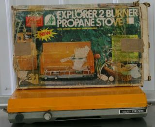 Vintage “sears Explorer” Portable Two - Burner Propane Folding Camping Stove Boxed