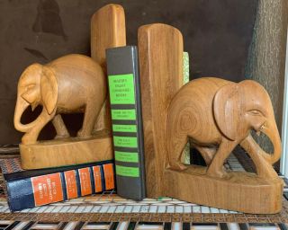 Vintage Hand Carved Wooden Elephant Bookends Large Gorgeous Wood Grain Mahogany