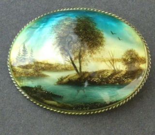 Vtg Russian Signed R.  M.  98 Hand Painted Lacquer Mother Pearl River Stream Brooch