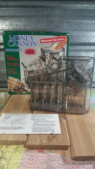 Vintage Clear Money Cannon Motorized Coin Bank Change Sorter & Wrapper 1994 Usa