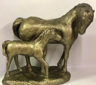 Vintage Large 12 " Cast Brass Color Horse & Foal 14 Lbs Statue Sculpture Figure