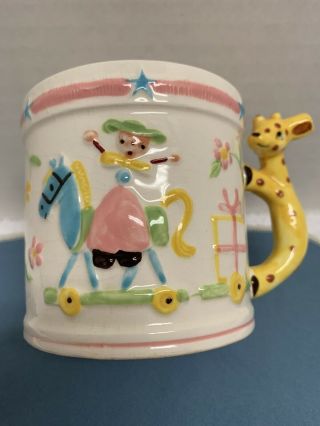 Vintage Napco Child Cup “that’s A Good Girl” Ceramic Giraffe Handle Sip Straw