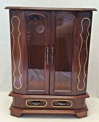 Vintage Armoire Jewelry Box Wood Cabinet Drawer Two Swing Carousel Hangers 16.  5 "