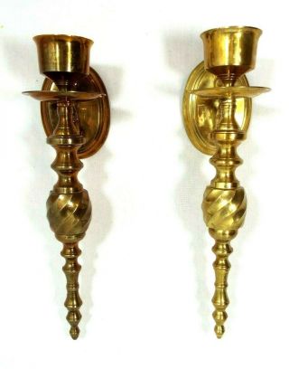 Vintage Solid Twisted Brass Sconce Wall Hanging Taper Candle Holders 12 "