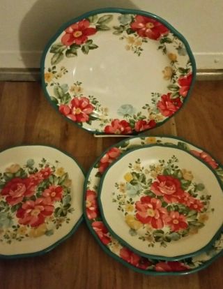 Pioneer Woman 4 Pc Vintage Floral Teal Set 2 Dinner Plates & 2 Salad Plates