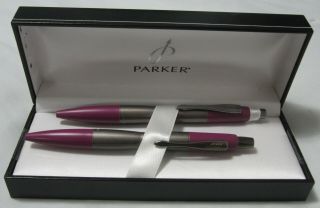 Vintage Parker Purple Resin And Brushed Steel Ballpoint Pen And Pencil Set - Uk