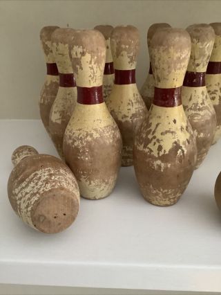 Vintage Wooden 4.  75” Ten Pin Bowling Set Game 10 Pins And Wood Ball Antique Toy 3