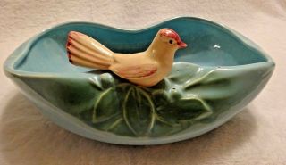 Vintage Mccoy Pottery Aqua Blue Oval Bowl W/ Pink Bird Console Bowl Dish Planter