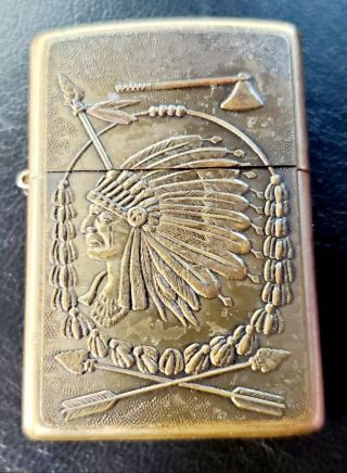 Vintage 1999 Solid Brass Zippo Lighter Barrett Smythe Indian Chief Tomahawk Exc