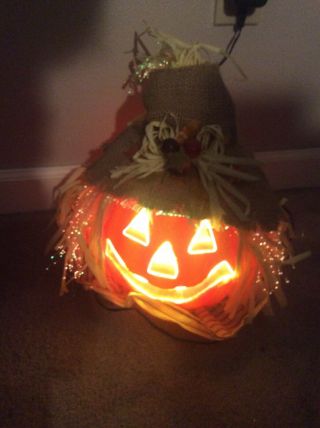 Vtg Gemmy Halloween Fiber Optic Pumpkin Scarecrow Jack - O - Lantern Color Changing