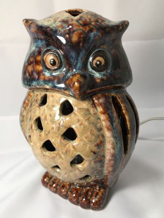 Light Up Owl Ceramic 1970s Tv Lamp Kitschy Brown Tan Vintage Retro Mid Century