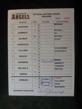 4/26/03 Mike Scioscia Signed Anaheim Angels Game Lineup Umpire Card 256