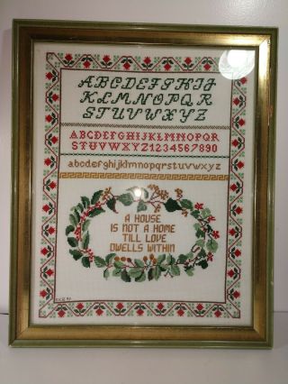 Vintage Cross Stitch Sampler Framed Needlework Art Alphabet Home Love Floral