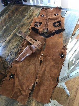 Vintage 1960s Childs Western Cowboy Suede Leather Chaps Vest Michelle Holster