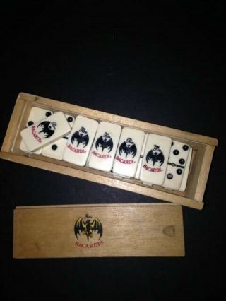 Vintage Ron Bacardi Bat 28 Piece Domino Set In Wood Box Rum Advertising