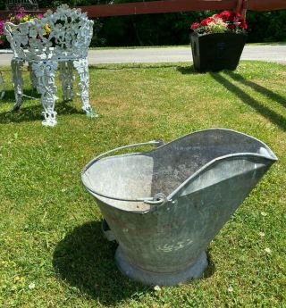 Vintage Galvanized Coal /ash Flower Bucket Fireplace Scuttle Silver W/red Stripe