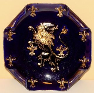 Vintage Deep Cobalt Blue Lion Porcelain Plate Hand Painted And Signed Gold Gilt