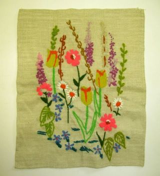 Vintage Completed Finished Crewel Embroidery Flowers Garden Linen