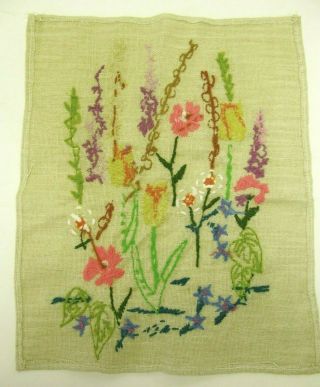 Vintage Completed Finished Crewel Embroidery Flowers Garden Linen 2