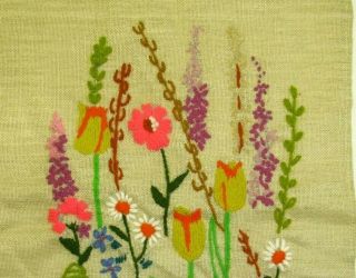 Vintage Completed Finished Crewel Embroidery Flowers Garden Linen 3