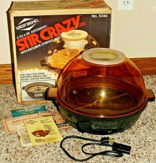 Vintage 6 Qt West Bend Stir Crazy Popcorn Popper Gold Dome Lid 5346 Usa W/ Box