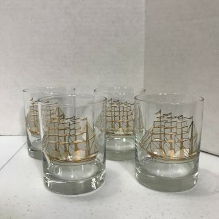 Set of 4 Low Ball Whiskey Glasses Ship Nautical Vintage Towle Cocktail 2