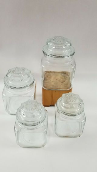 Set Of 4 Vtg Anchor Hocking Usa Clear Glass Apothecary Storage Jar Canister Set