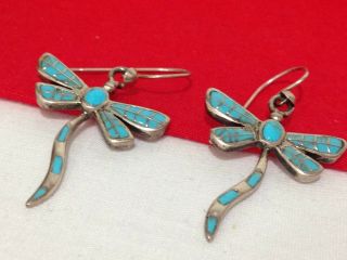 Vintage Southwestern Sterling Silver 925 Blue Turquoise Inlay Dragonfly Earrings