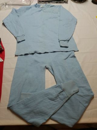 Vtg Ll Bean Womens Long Johns Thermal Underwear Set Blue Sz L Cotton Wool Usa