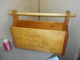 Vintage Nautical Etching Handmade Wood Tool Box Carpenter Carrying Tote Garden