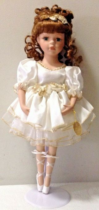 Vintage Collectors Choice Doll Ballerina Shoes Curly Hair White Gold Dress