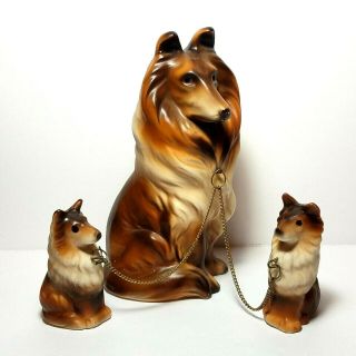 Vintage Japan Ceramic Large 6 " Mom & Puppies Collie Dog Figurine Set Chains