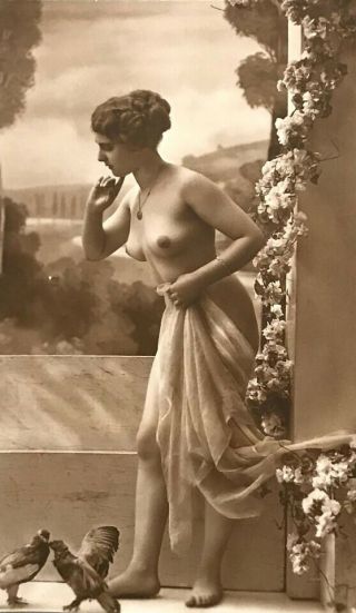 Nude Model With Flowers - Vintage Italian Sepia Photo Postcard - 1920s