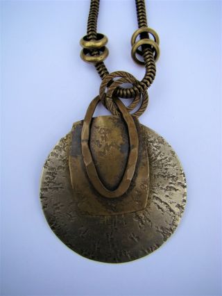 Vintage Signed Baer Sf Hammered Copper & Brass Pendant Necklace
