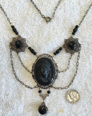 Vintage Dramatic French Jet Black Glass Cameo Necklace