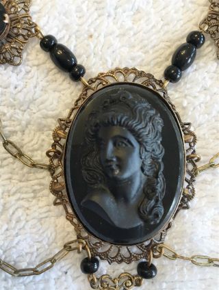 VINTAGE DRAMATIC FRENCH JET BLACK GLASS CAMEO NECKLACE 2