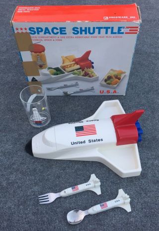 Kids’ Vintage Pecoware Space Shuttle Snack Set W/ Tray,  Cup,  Fork & Spoon