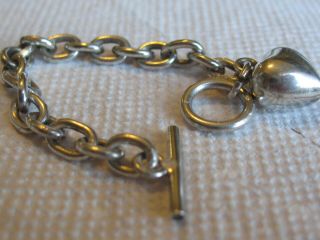 Vtg Sterling Silver Solid 5 1/4 " Child Toggle Chain Bracelet Heart Charm Pendant