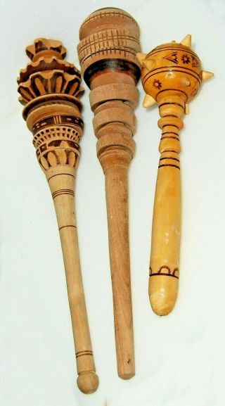 (3) African Hand Carved Wooden Rattle Percussion Musical Instruments Vintage