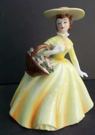 Vintage Lefton Lady Belle Planter Polka Dot Dress Floral Basket Extended Hands
