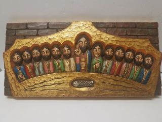 Vtg Last Supper Hand Painted Carved Wood Wall Plaque Jesus And Disciples Spain