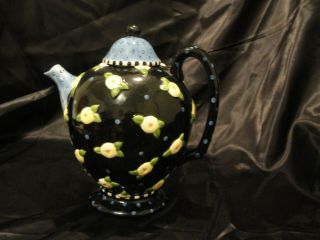 Vintage 1997 Michel Me Ink Mary Engelbreit Ceramic Black Floral Teapot Charpente