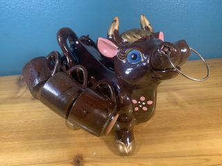 Cute Vintage Brown Cow Bull Decanter With 6 Shot Glasses - Japan Midcentury?