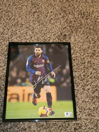 Lionel Messi Signed Fc Barcelona Framed Autograph 8x10 Photo Ga Leo