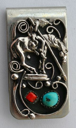Vintage Nickel Silver Native American On Horse Turquoise Coral Money Clip