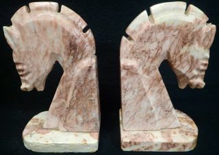 Vintage Pink Marble Horse Head Bookends Carved Art Deco Mustang Stallion