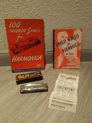 Vintage Glh " Great Little Harp " Hohner Harmonica W/ (2) Vintage Manuals