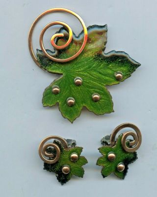 Matisse Renoir Vintage Copper & Green Enamel Maple Leaf Brooch Pin & Earrings