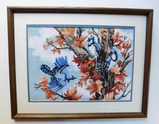 Vintage Autumn Maple Trees Blue Jay Birds Needlepoint Picture Framed